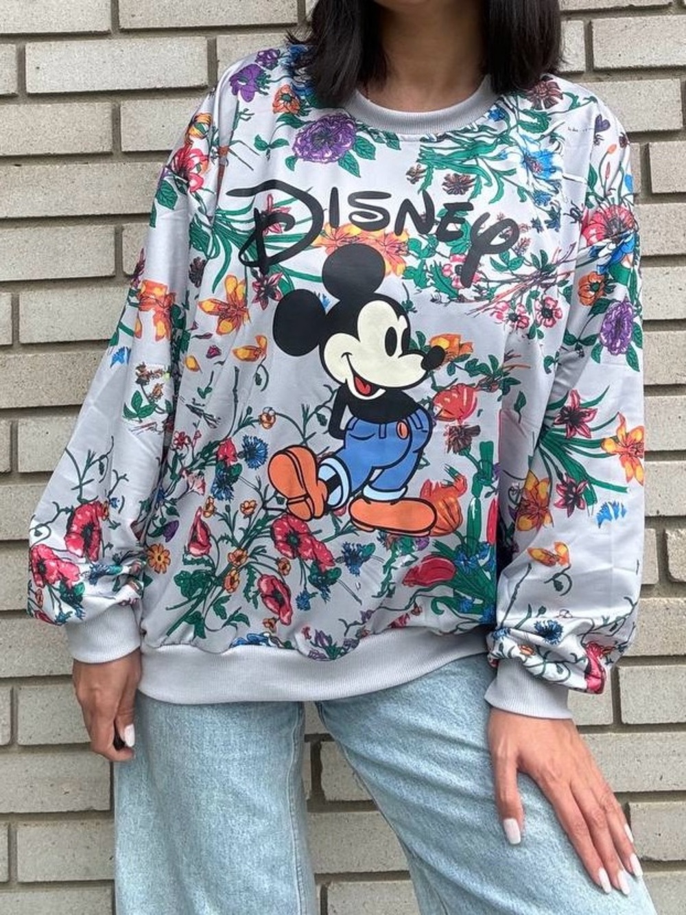 Disney Grey Floral Mickey Sweatshirt with Colorful Blooms - Picture 4 of 9